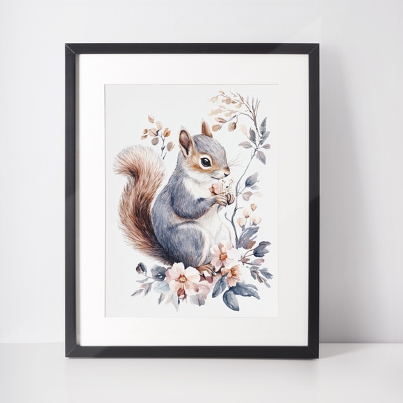 Watercolor Floral Squirrel Portrait Wall Art Illustration Print Poster Unframed - Picture 3 of 9